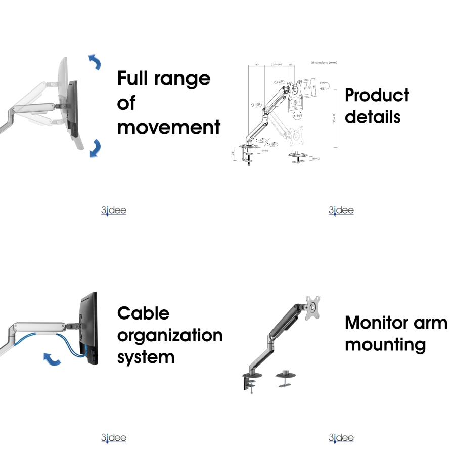 3IDEE Support double moniteur | Pour 2 moniteurs écrans 17"-32" | Réglable en hauteur - jusqu